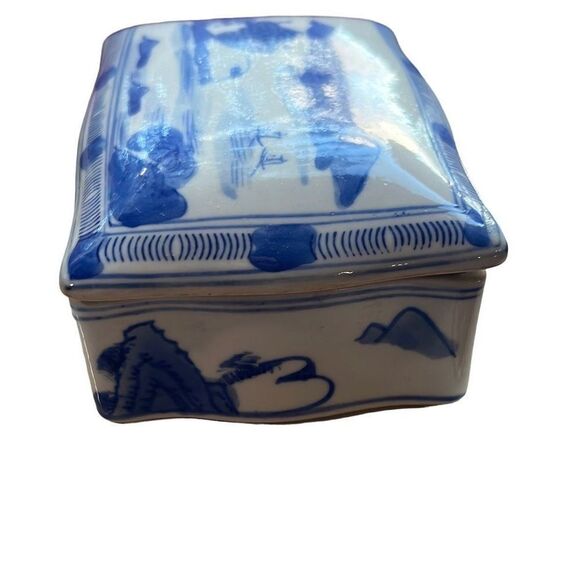 Vtg. Japanese Hand Painted Ceramic Cigarette Trinket Box Town Painted Blue - Picture 5 of 9